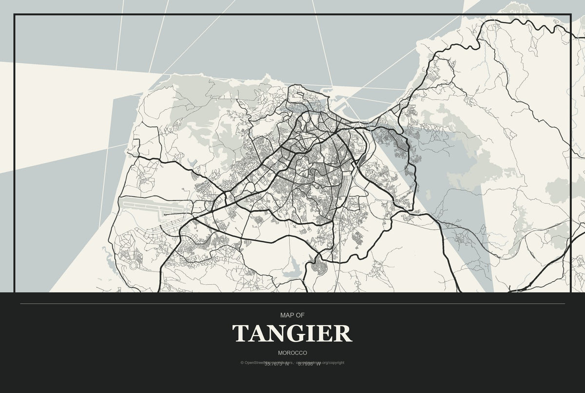 Tangier, Morocco City Map Aluminum Sign in Museum Plaque style