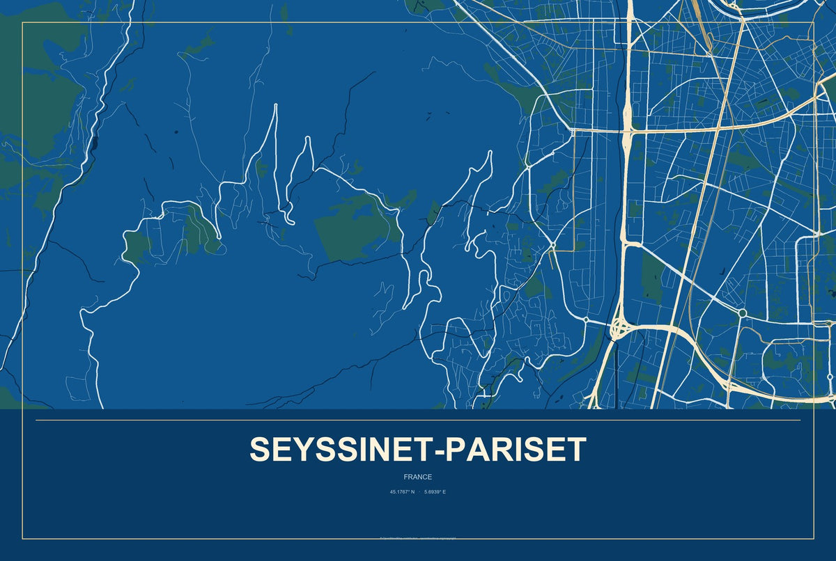 Seyssinet-Pariset, France City Map Aluminum Sign in Harbor Cobalt style