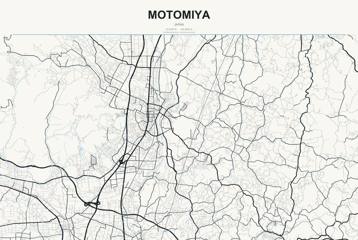 Motomiya, Japan City Map Aluminum Sign in Headline Atlas style