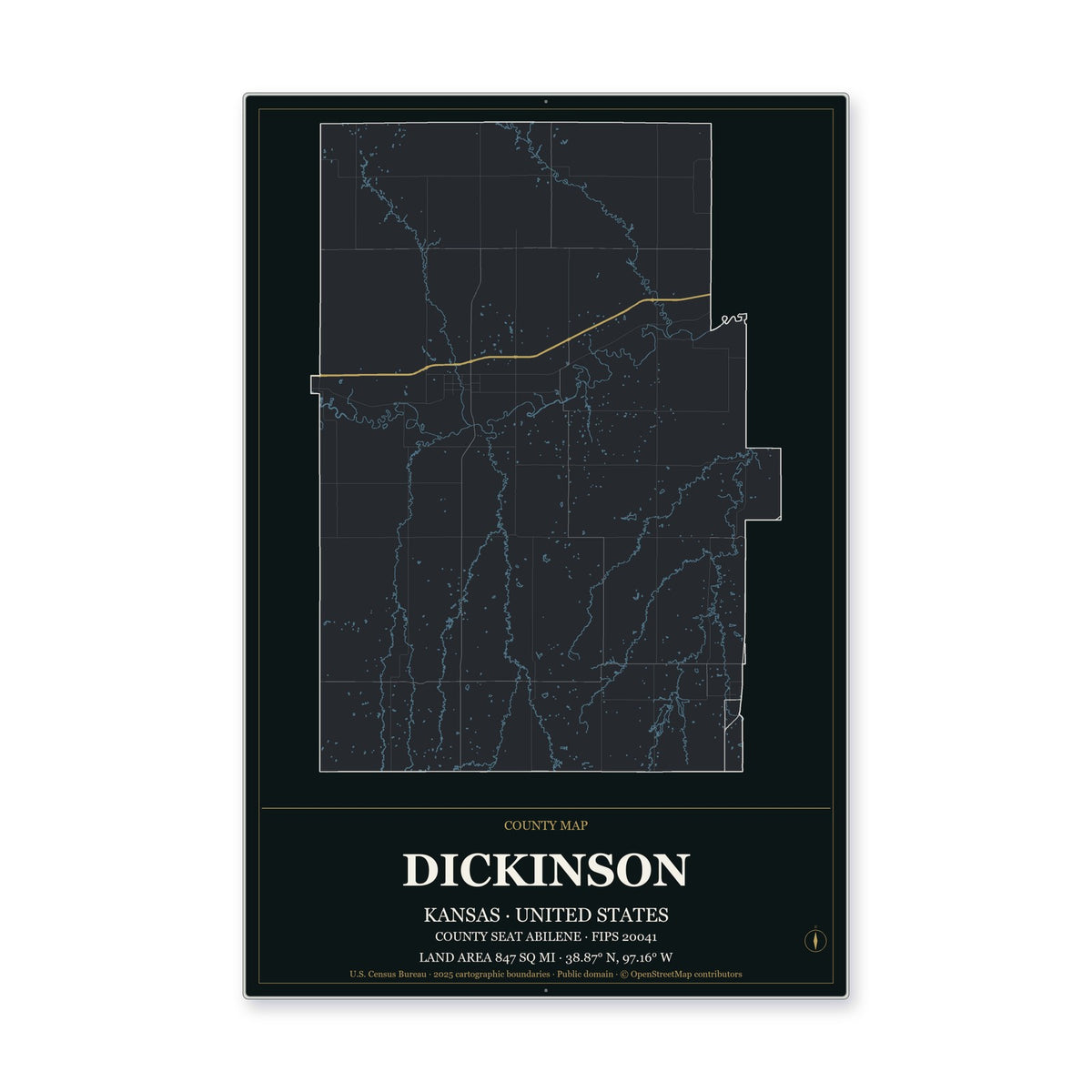 Dickinson County, Kansas Map Aluminum Sign in Metropolitan Noir style