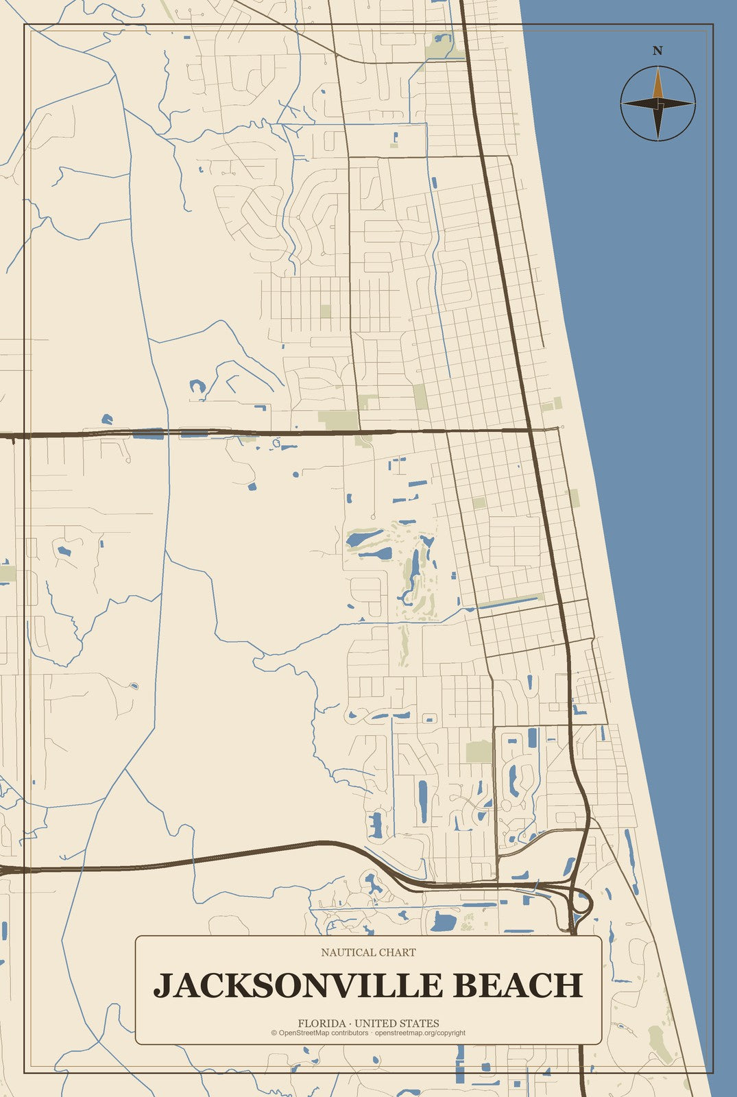 Jacksonville Beach, Florida City Map Aluminum Sign in Heritage Nautical style