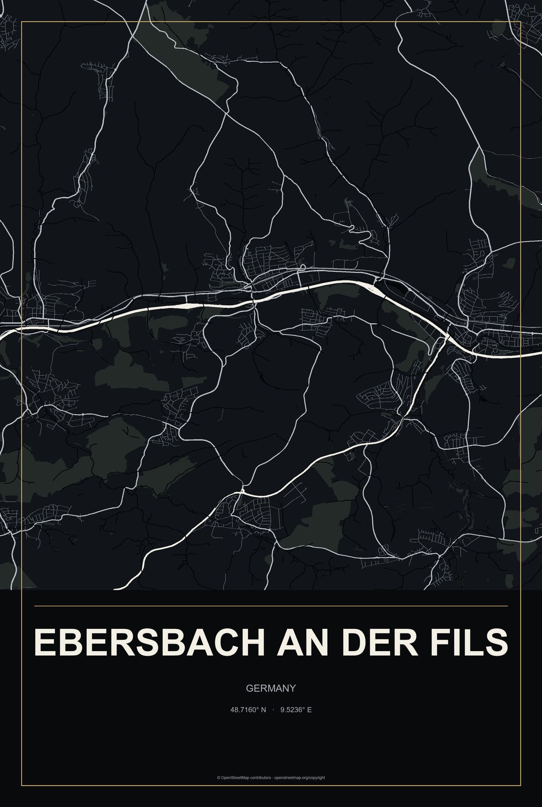 Ebersbach an der Fils, Germany City Map Aluminum Sign in Metropolitan Noir style
