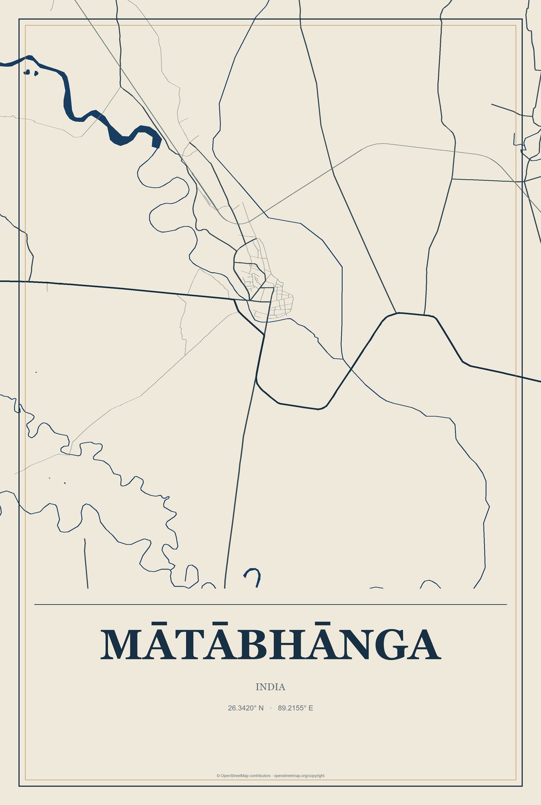 Mātābhānga, India City Map Aluminum Sign in Coastal Cutout style