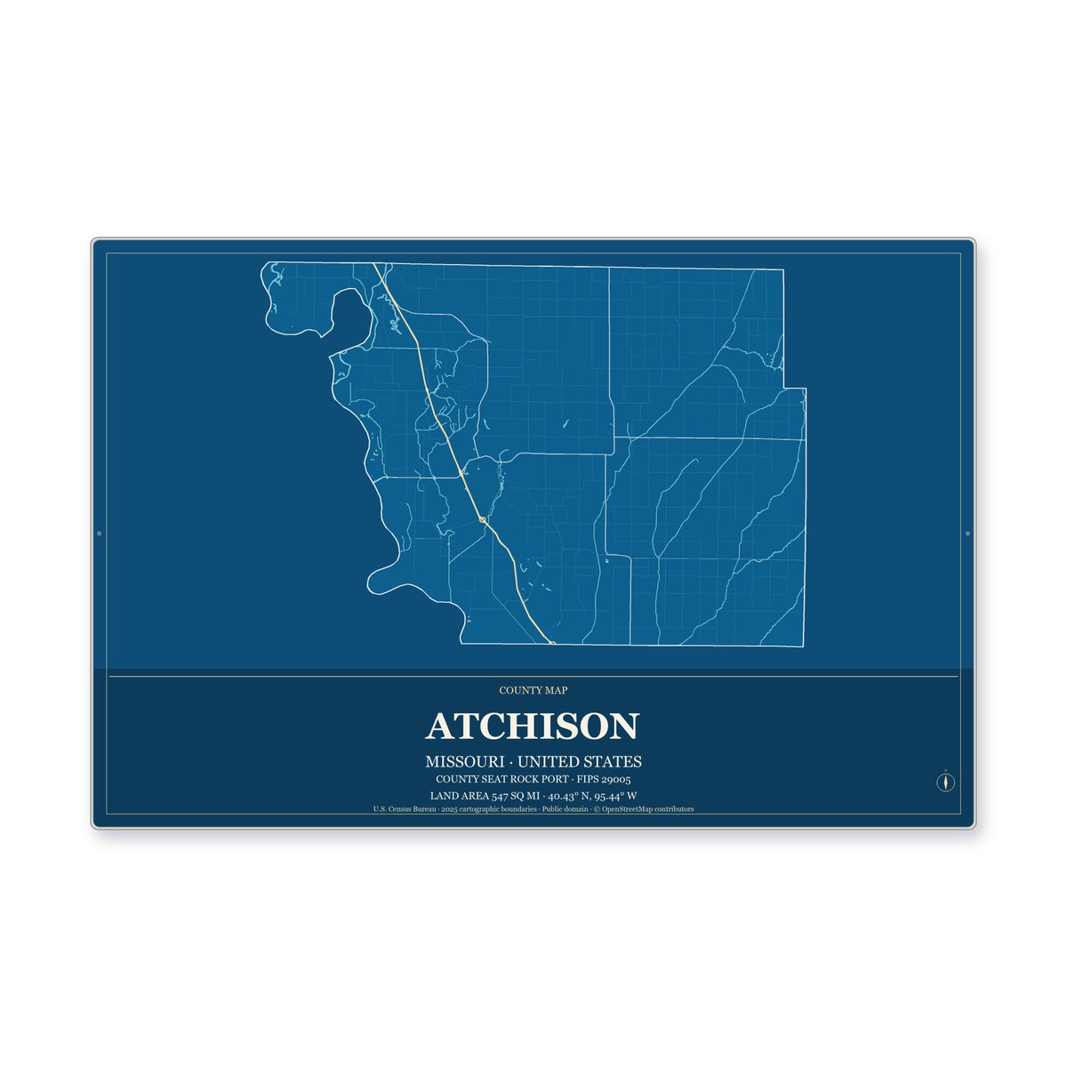 Atchison County, Missouri Map Aluminum Sign in Harbor Cobalt style