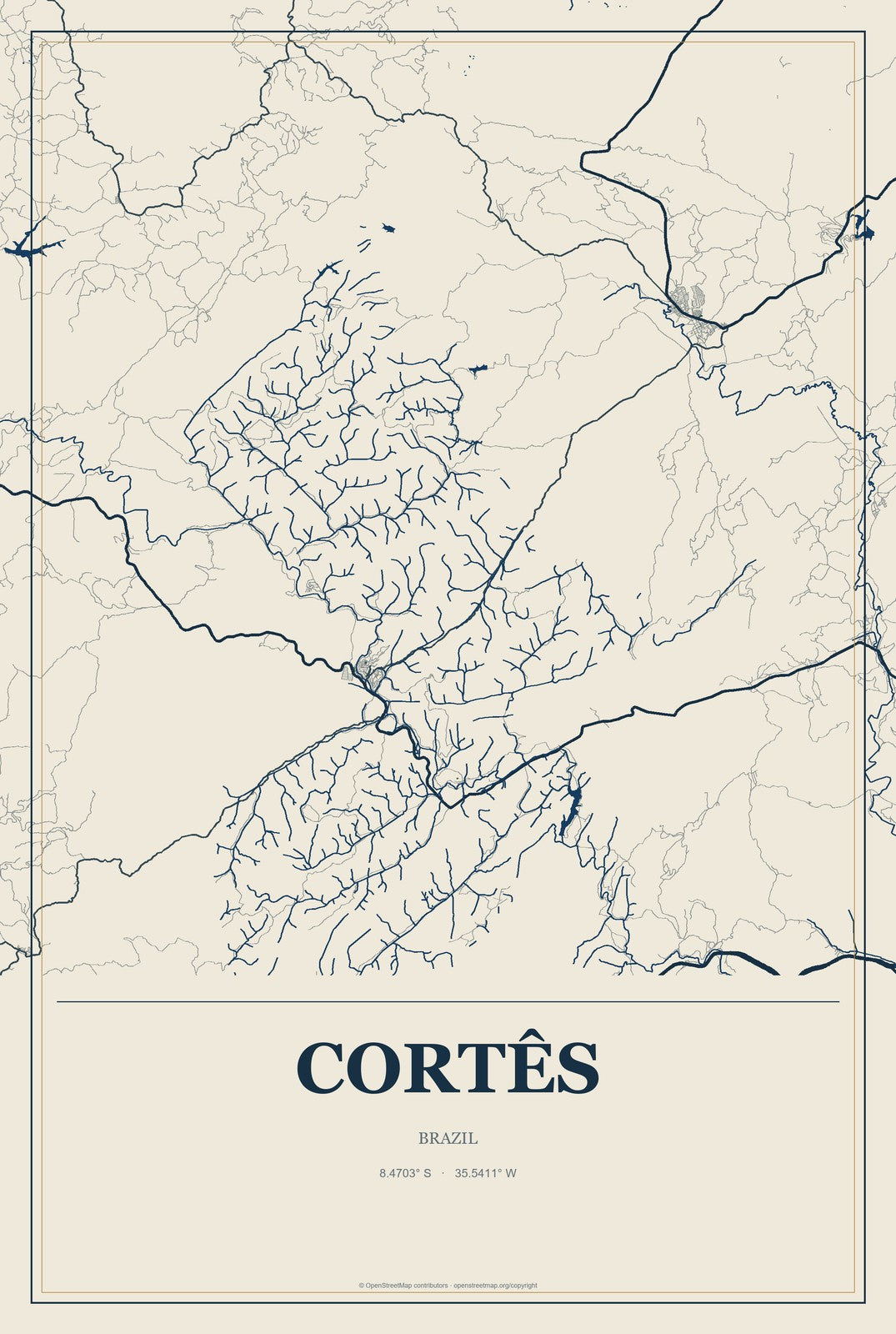 Cortês, Brazil City Map Aluminum Sign in Coastal Cutout style
