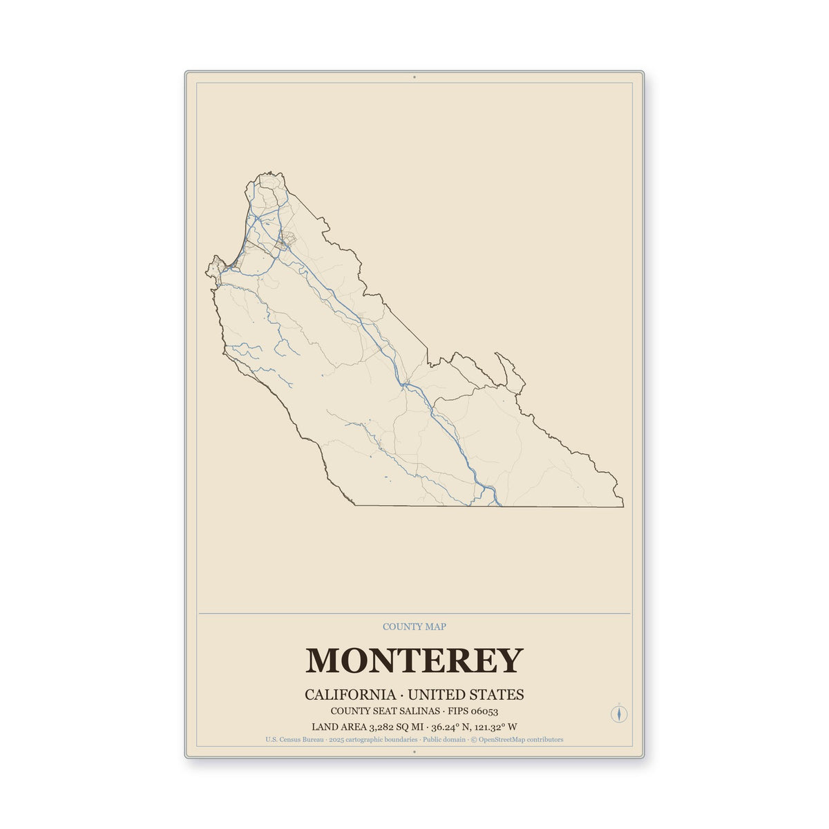 Monterey County, California Map Aluminum Sign in Heritage Nautical style