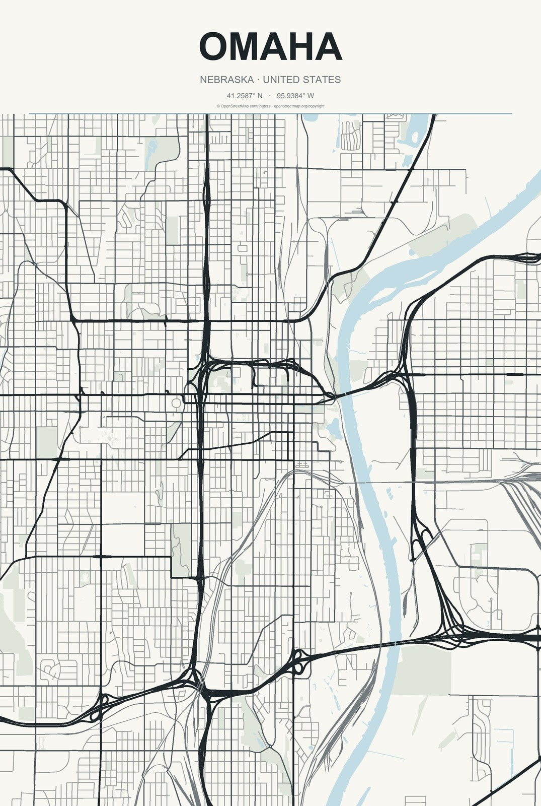 Omaha, Nebraska City Map Aluminum Sign in Headline Atlas style