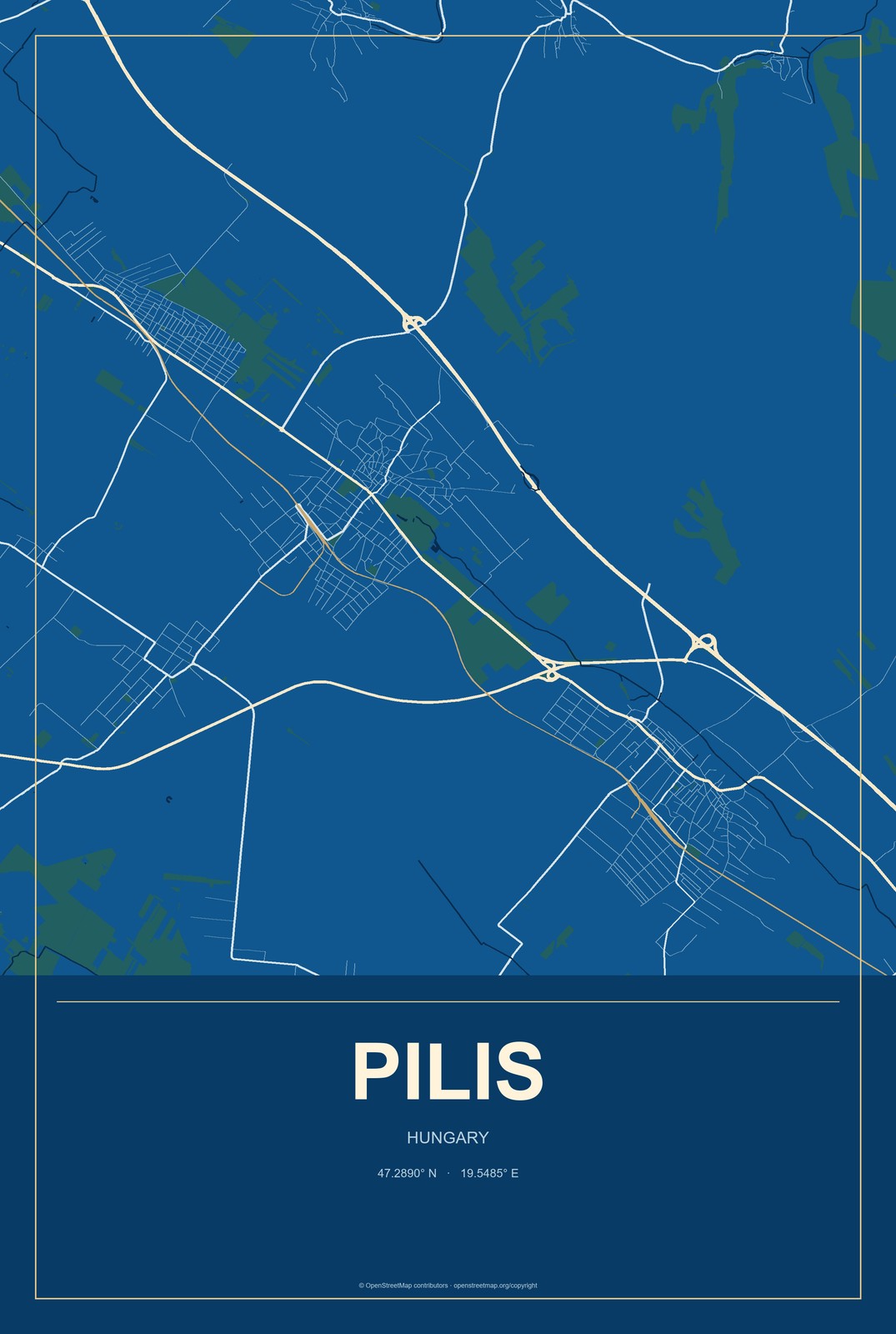 Pilis, Hungary City Map Aluminum Sign in Harbor Cobalt style