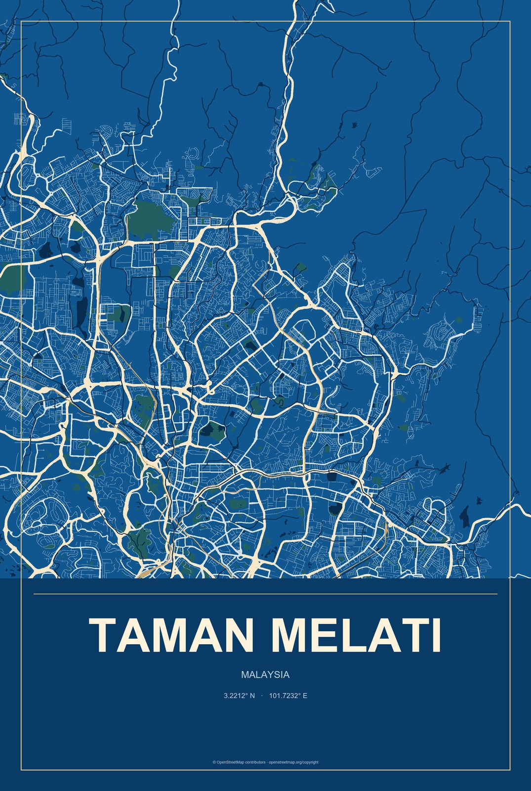 Taman Melati, Malaysia City Map Aluminum Sign in Harbor Cobalt style