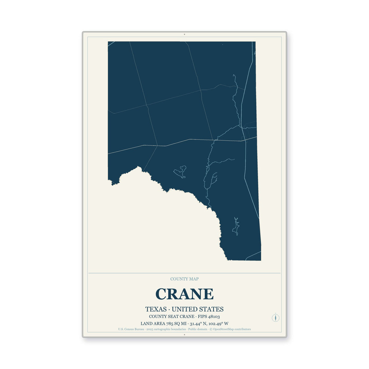 Crane County, Texas Map Aluminum Sign in Coastal Cutout style