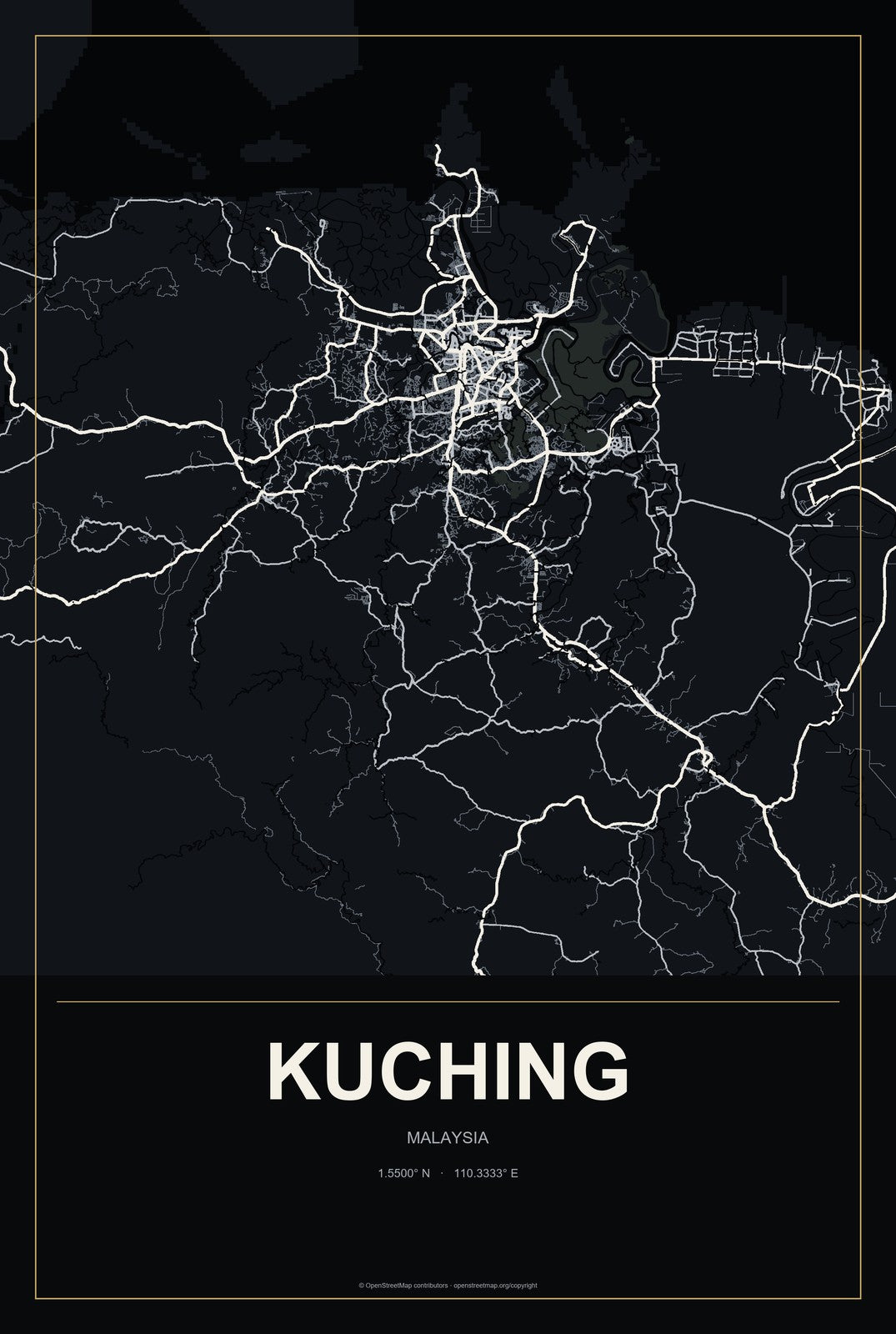 Kuching, Malaysia City Map Aluminum Sign in Metropolitan Noir style