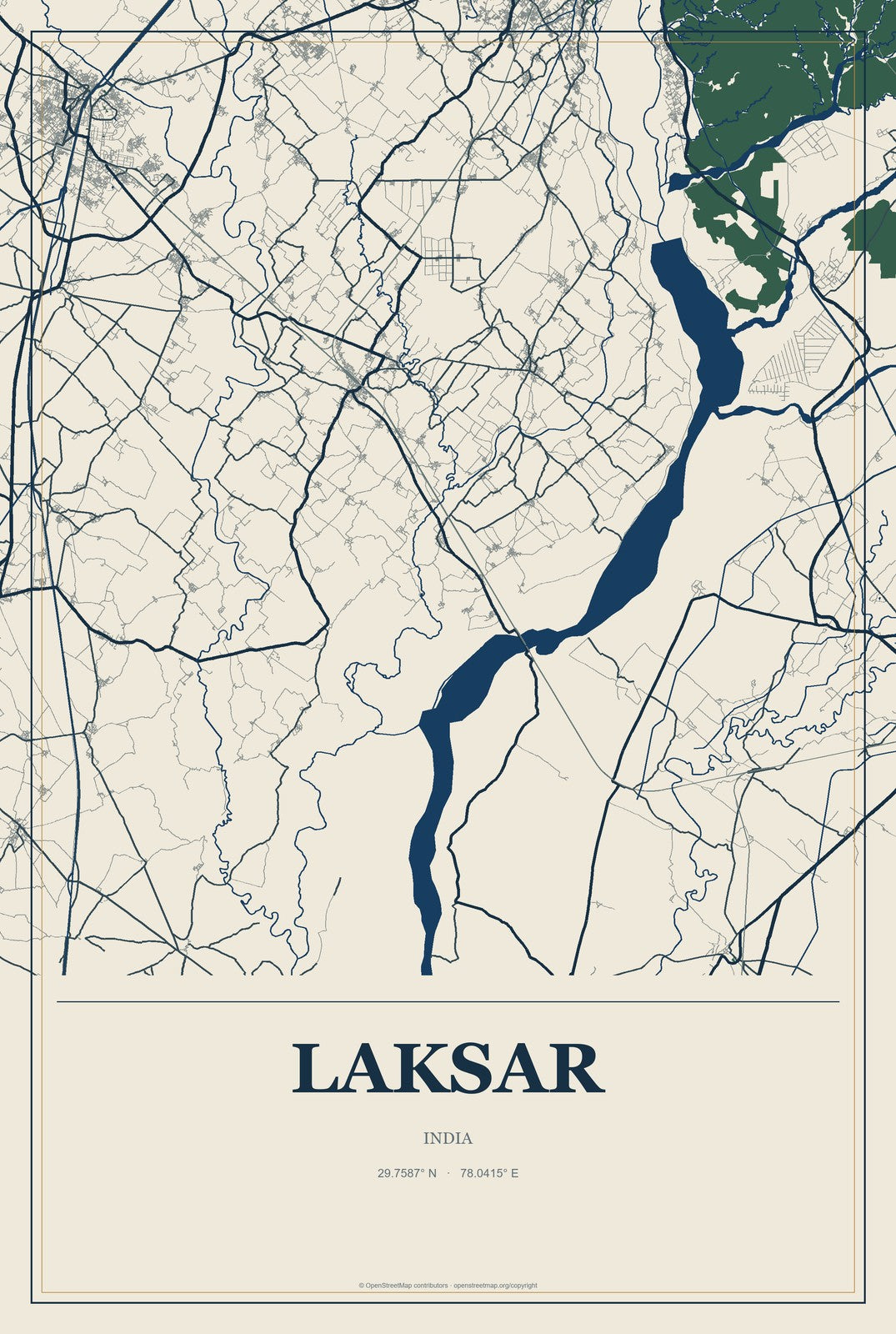 Laksar, India City Map Aluminum Sign in Coastal Cutout style