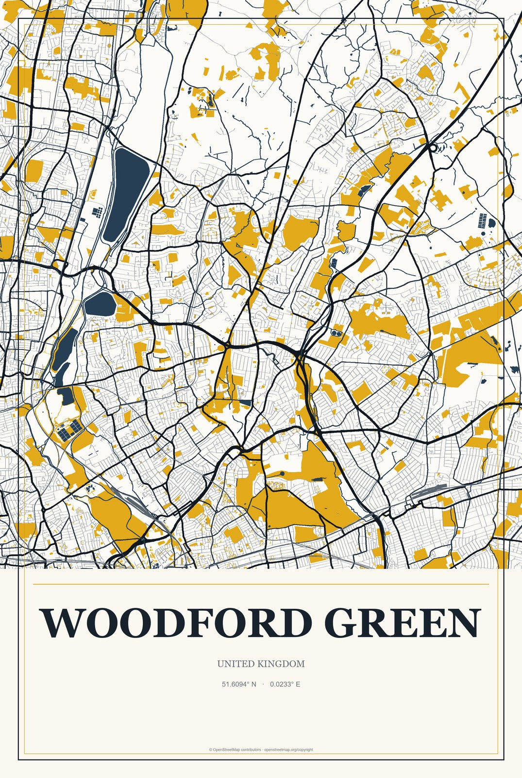Woodford Green, United Kingdom City Map Aluminum Sign in Citrine Modern style