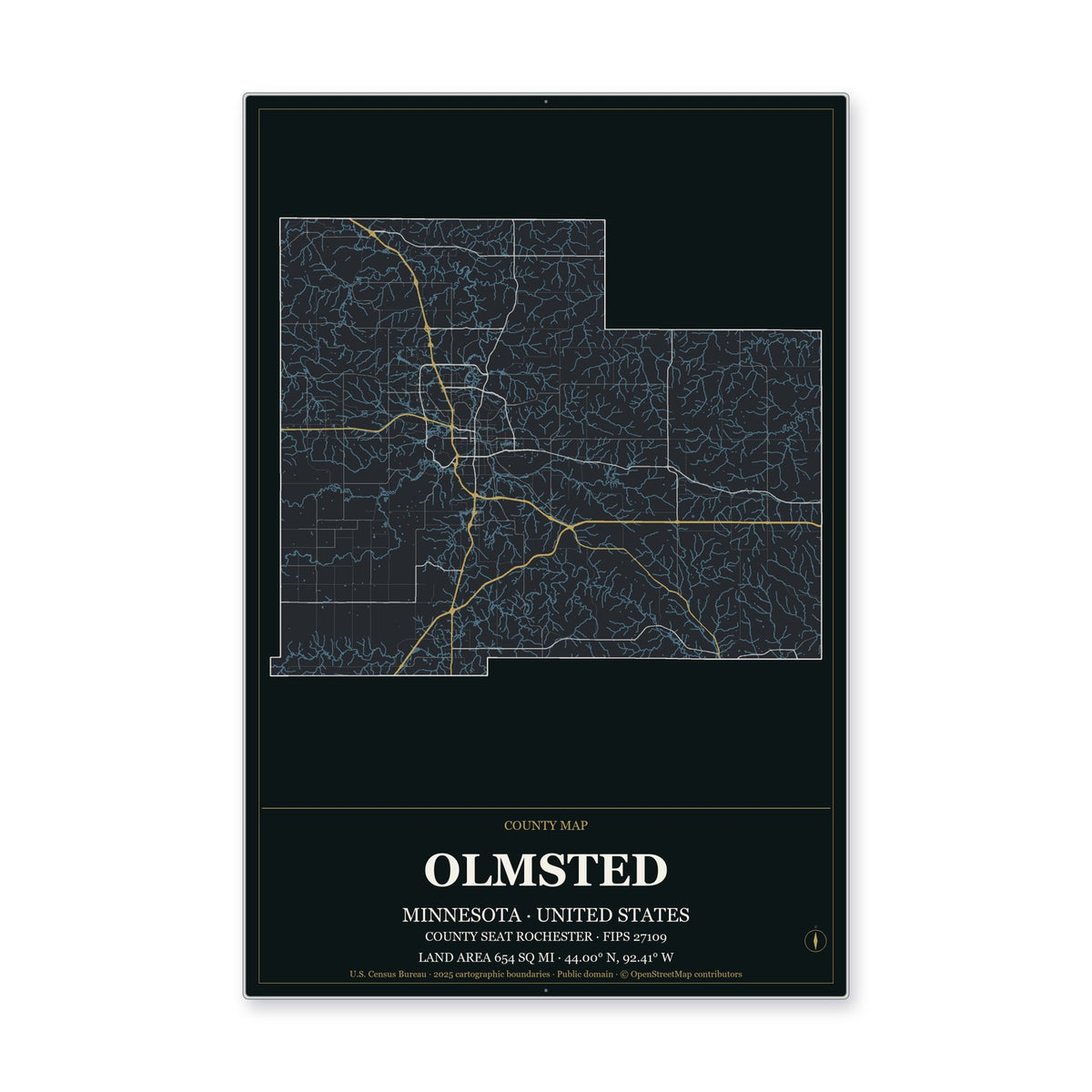 Olmsted County, Minnesota Map Aluminum Sign in Metropolitan Noir style