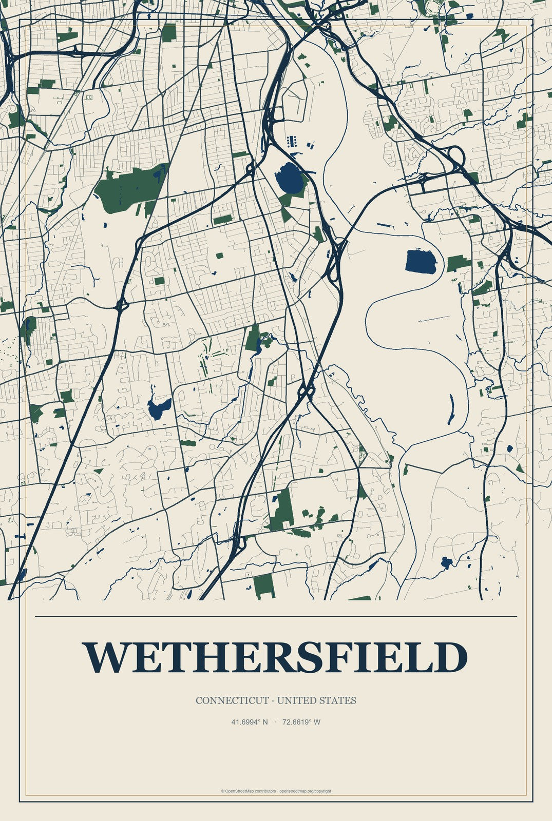 Wethersfield, Connecticut City Map Aluminum Sign in Coastal Cutout style