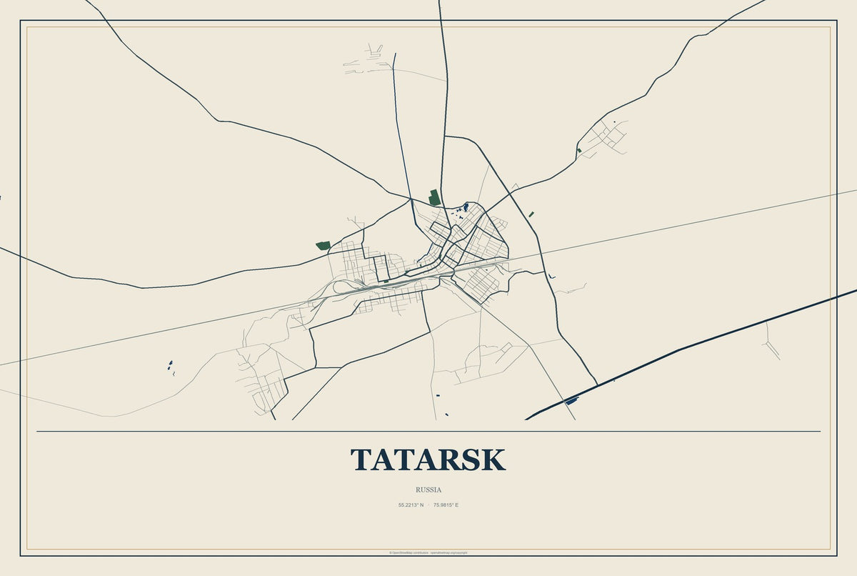 Tatarsk, Russia City Map Aluminum Sign in Coastal Cutout style