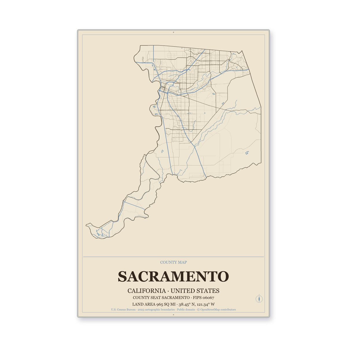 Sacramento County, California Map Aluminum Sign in Heritage Nautical style
