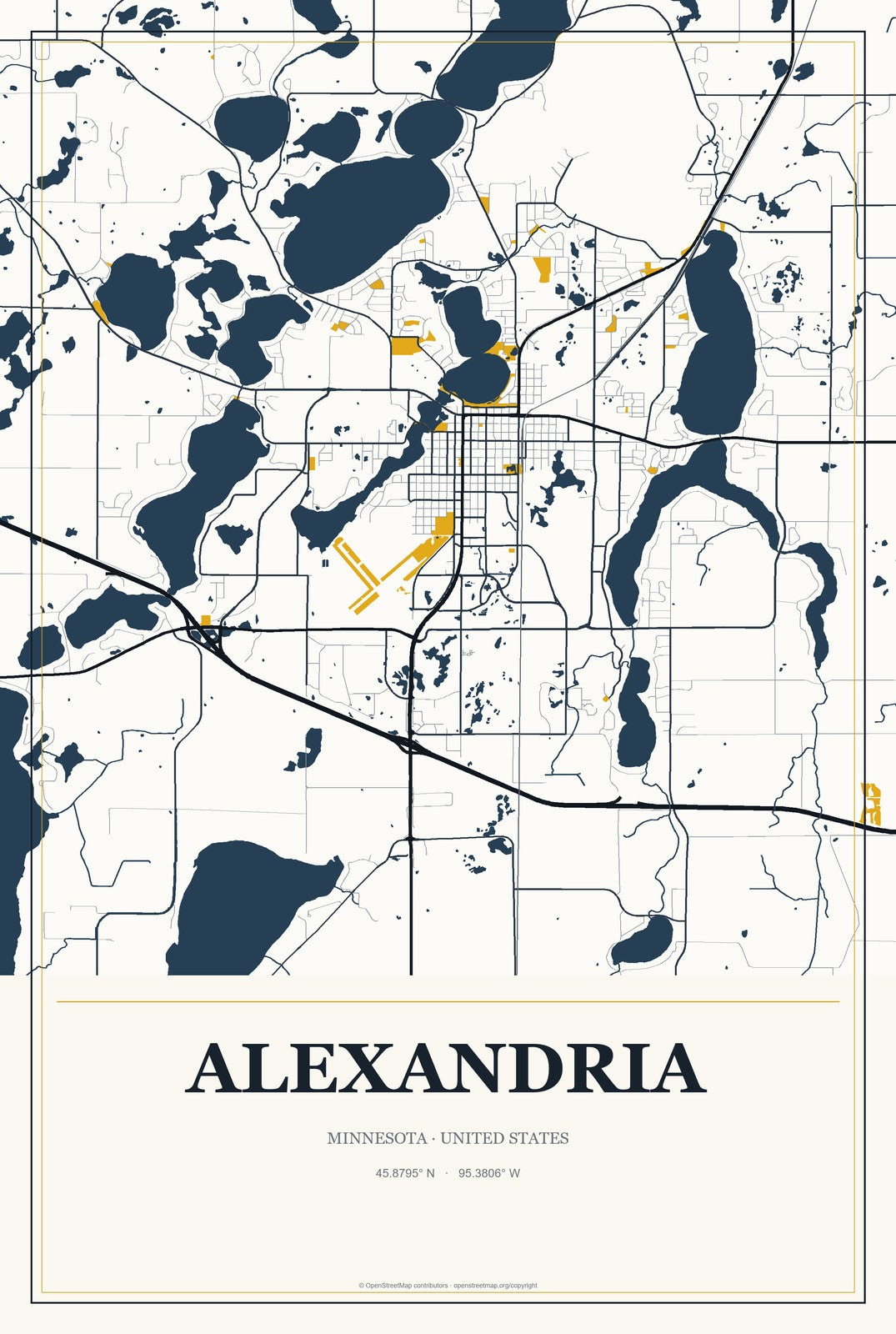 Alexandria, Minnesota City Map Aluminum Sign in Citrine Modern style