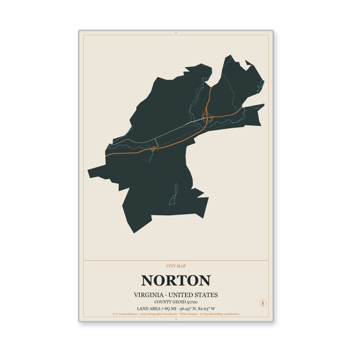 Norton city, Virginia Map Aluminum Sign in Headline Atlas style