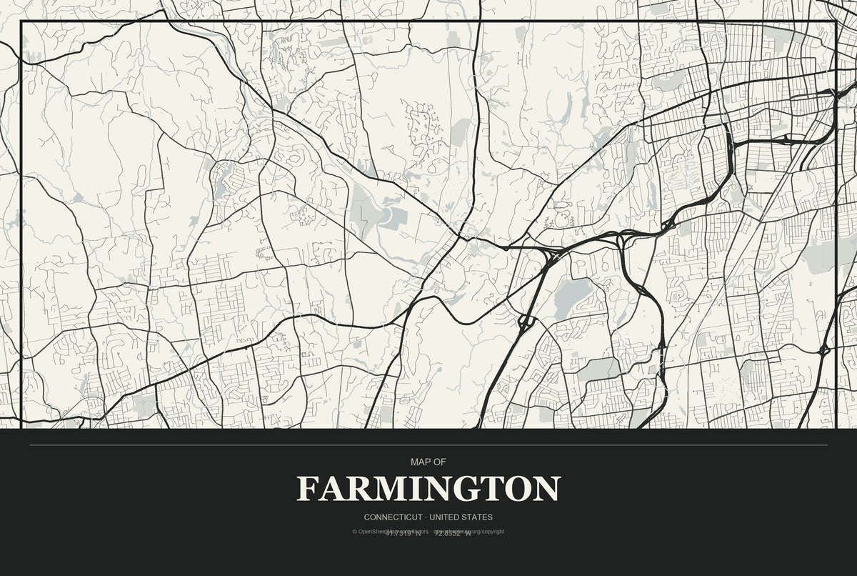 Farmington, Connecticut City Map Aluminum Sign in Museum Plaque style