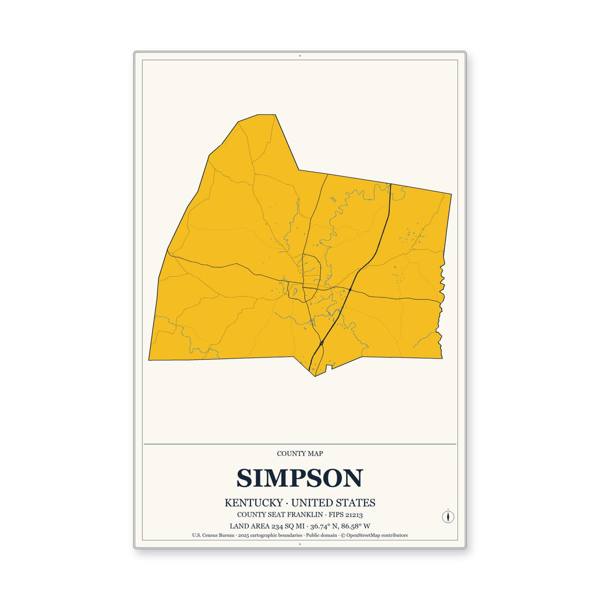 Simpson County, Kentucky Map Aluminum Sign in Citrine Modern style