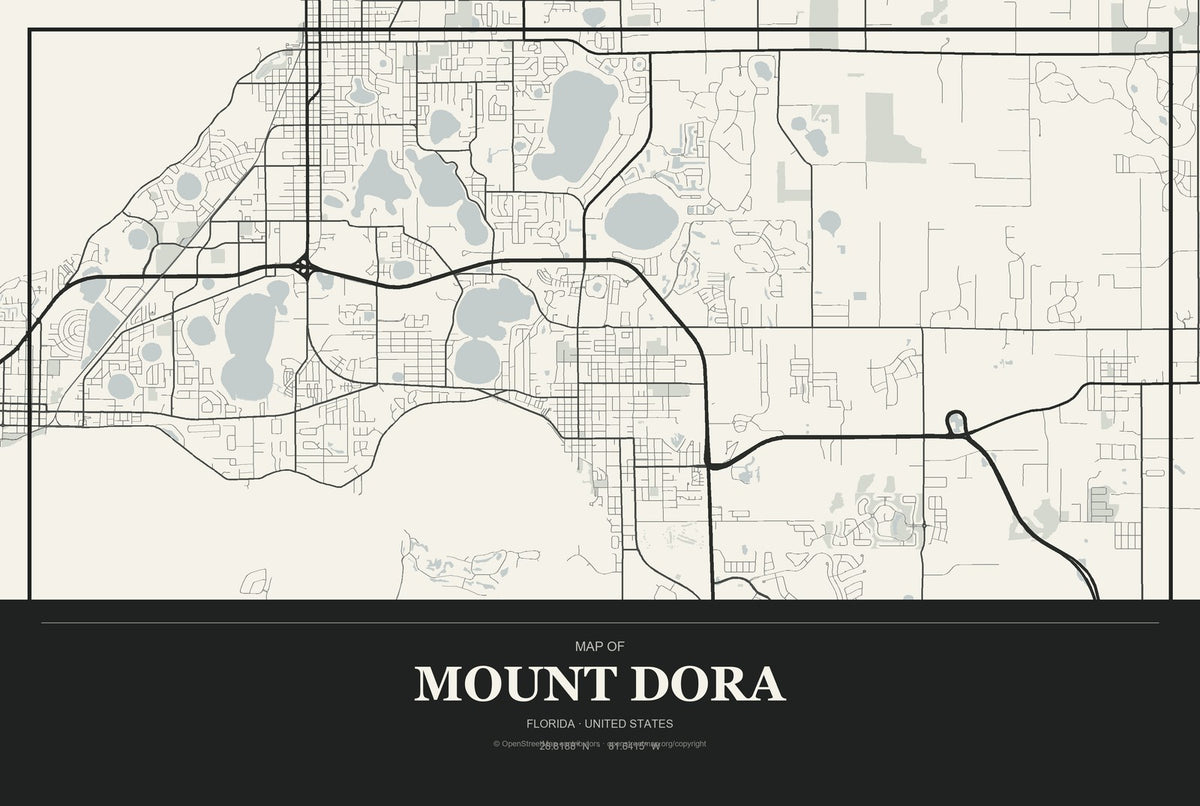 Mount Dora, Florida City Map Aluminum Sign in Museum Plaque style