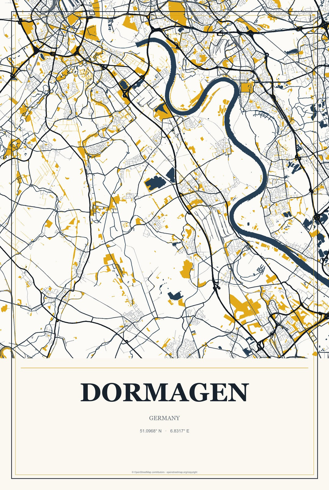 Dormagen, Germany City Map Aluminum Sign in Citrine Modern style