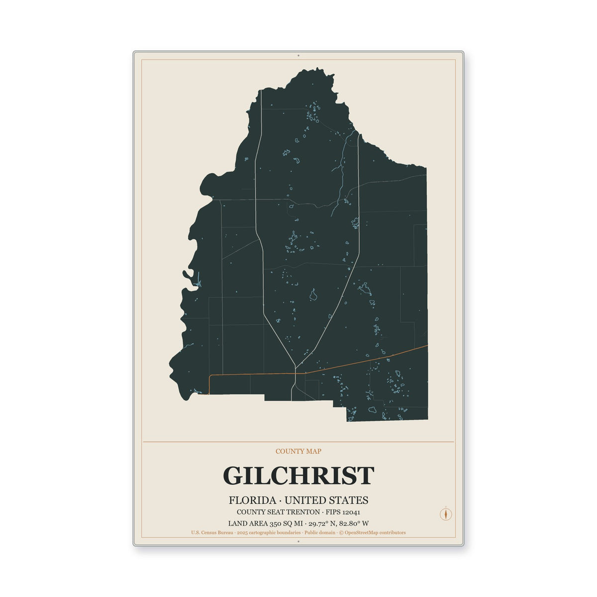 Gilchrist County, Florida Map Aluminum Sign in Headline Atlas style
