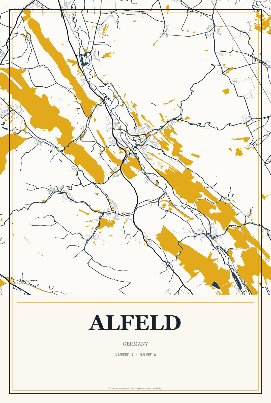 Alfeld, Germany City Map Aluminum Sign in Citrine Modern style