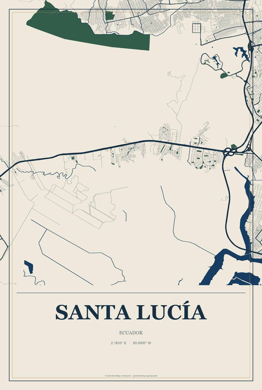 Santa Lucía, Ecuador City Map Aluminum Sign in Coastal Cutout style