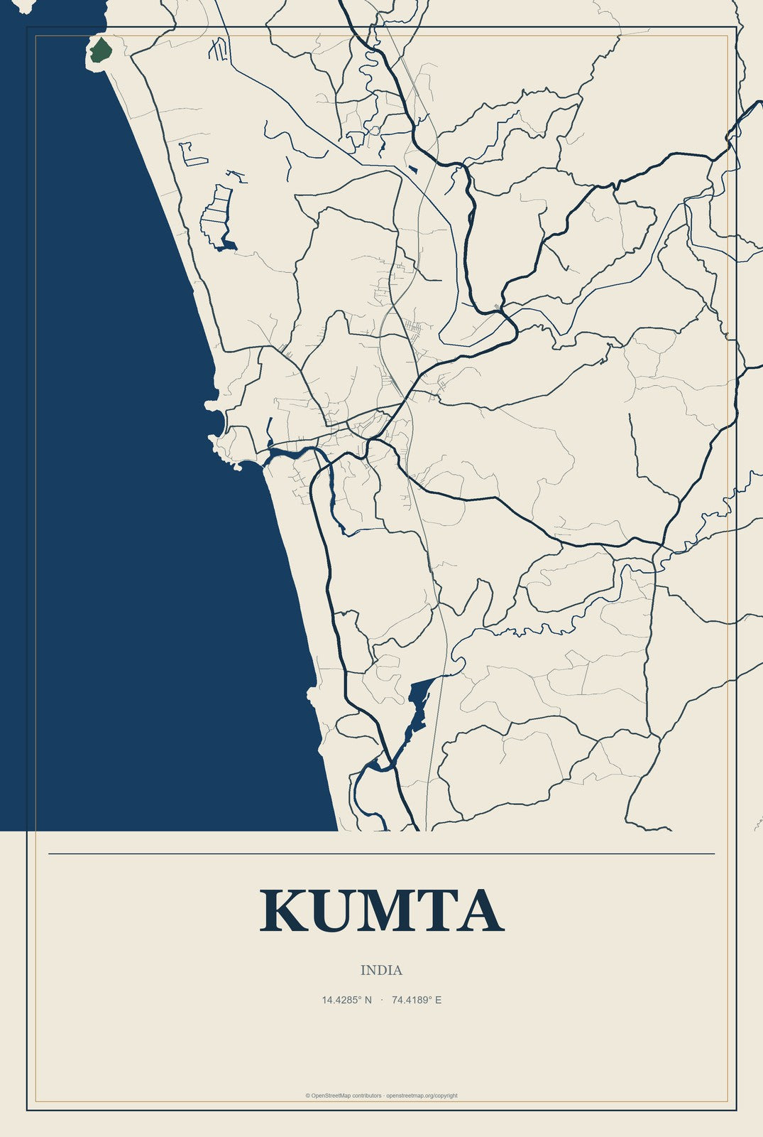 Kumta, India City Map Aluminum Sign in Coastal Cutout style