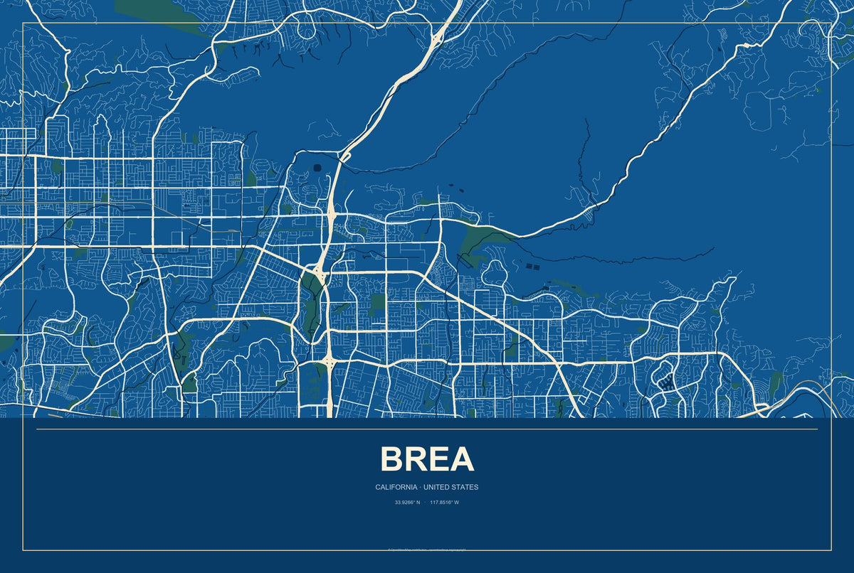 Brea, California City Map Aluminum Sign in Harbor Cobalt style