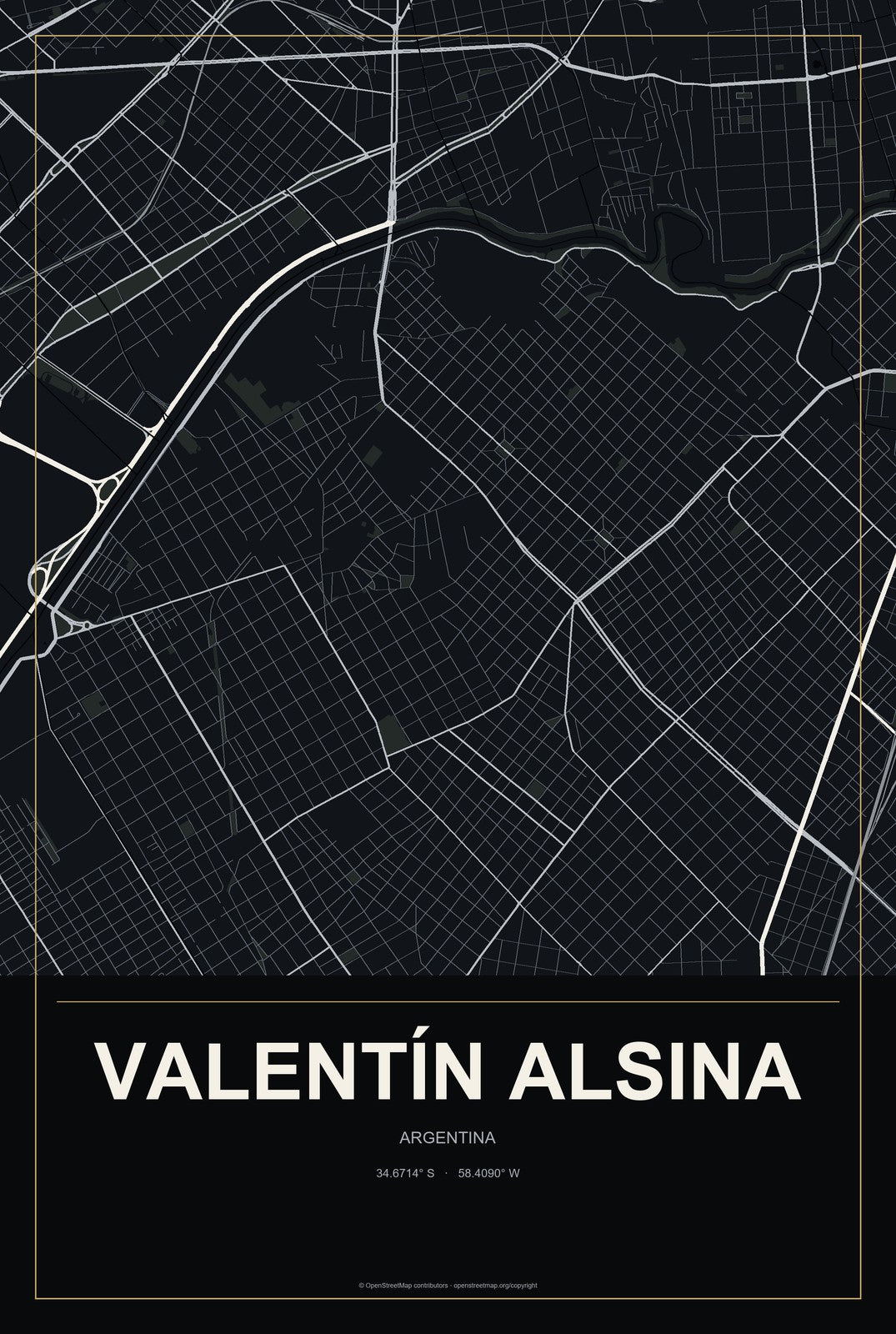 Valentín Alsina, Argentina City Map Aluminum Sign in Metropolitan Noir style