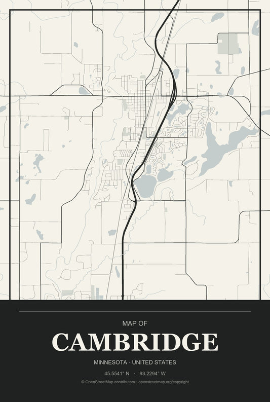 Cambridge, Minnesota City Map Aluminum Sign in Museum Plaque style