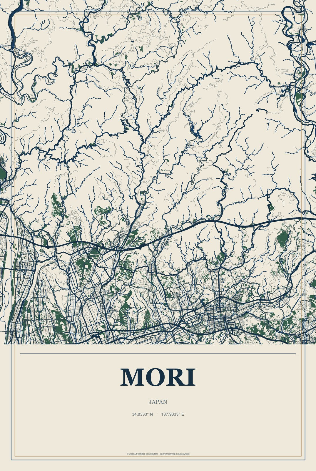 Mori, Japan City Map Aluminum Sign in Coastal Cutout style