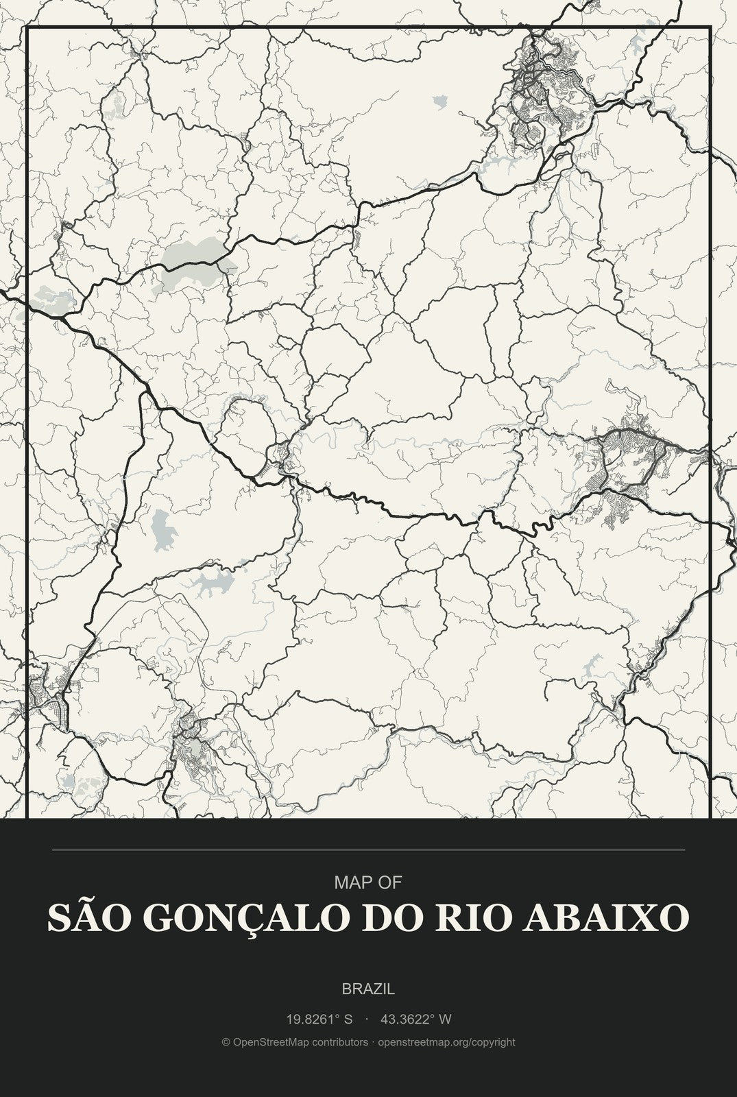 São Gonçalo do Rio Abaixo, Brazil City Map Aluminum Sign in Museum Plaque style