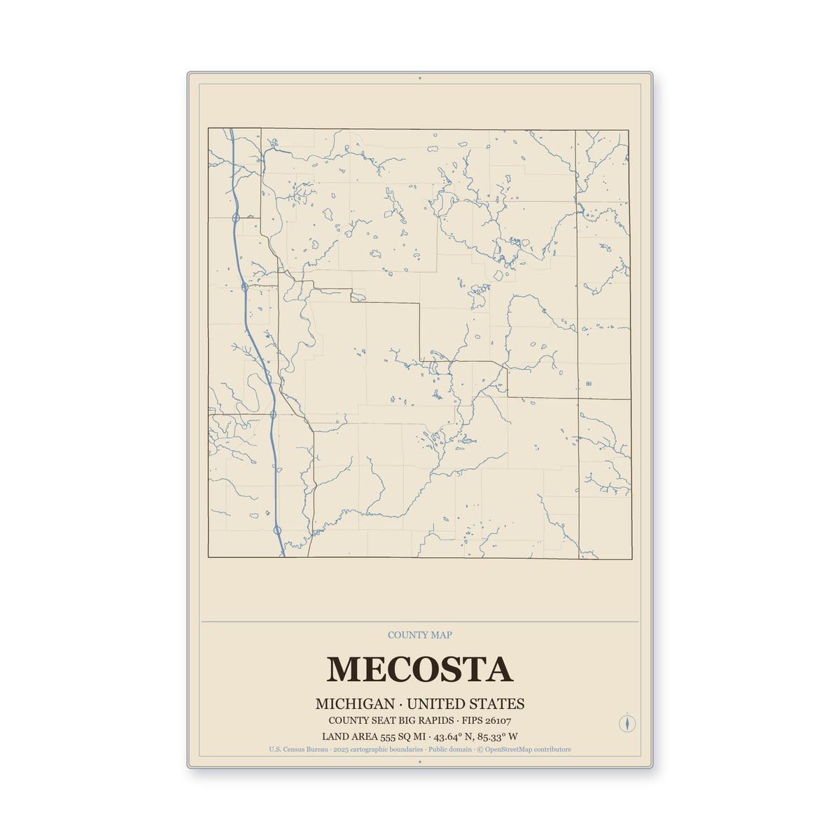 Mecosta County, Michigan Map Aluminum Sign in Heritage Nautical style