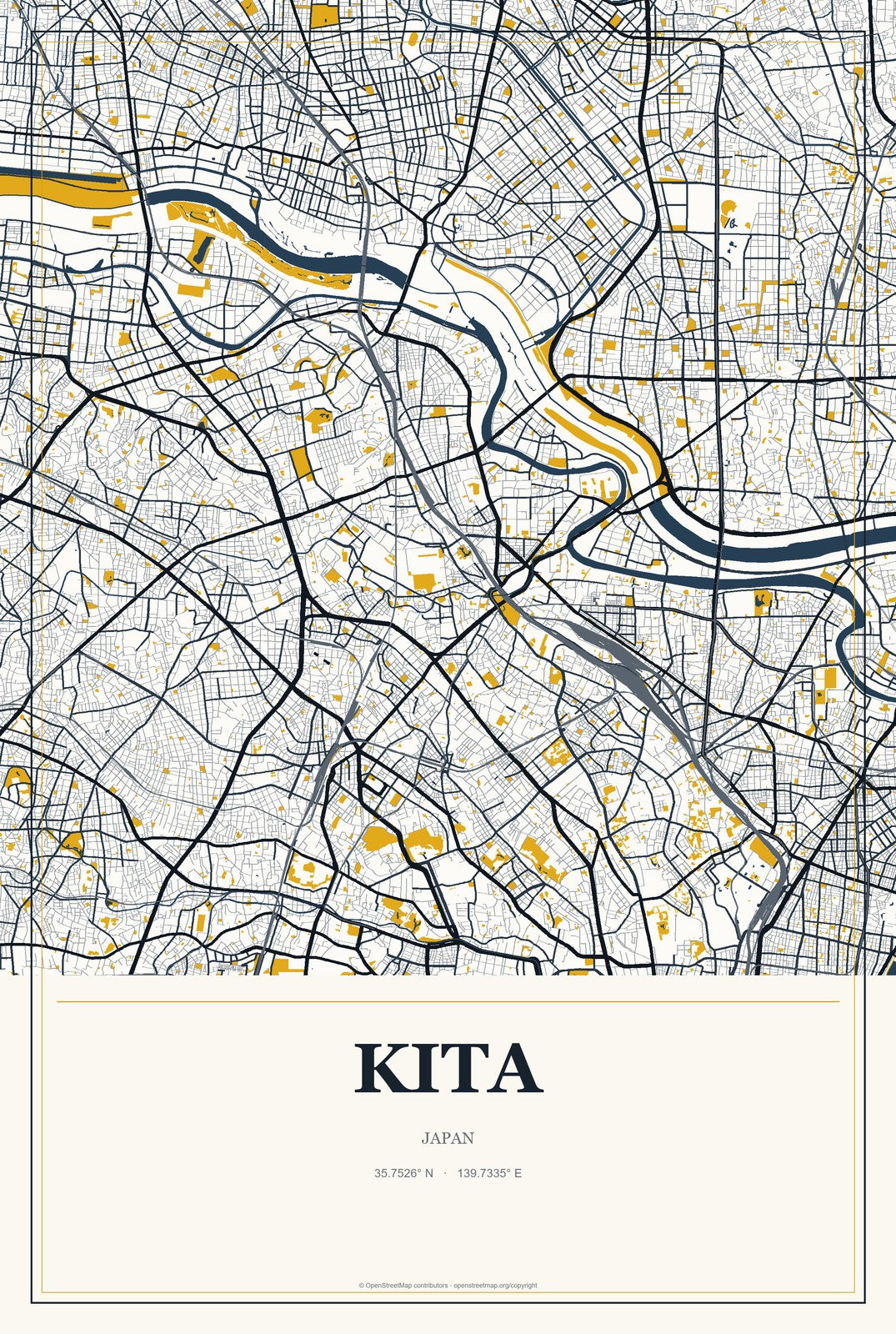 Kita, Japan City Map Aluminum Sign in Citrine Modern style