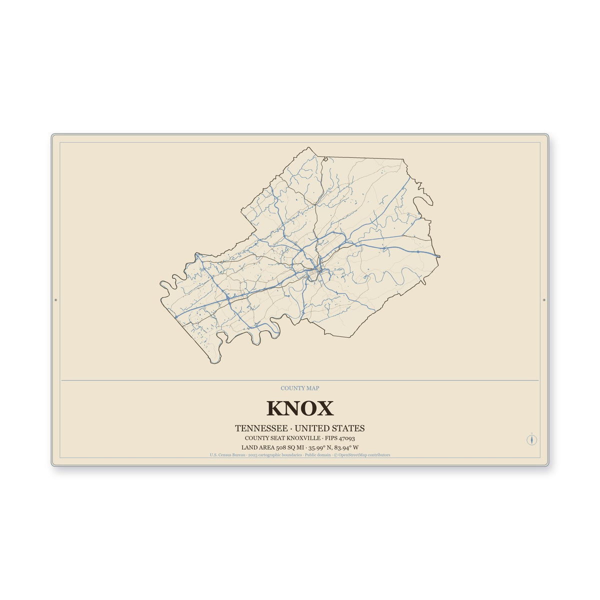 Knox County, Tennessee Map Aluminum Sign in Heritage Nautical style