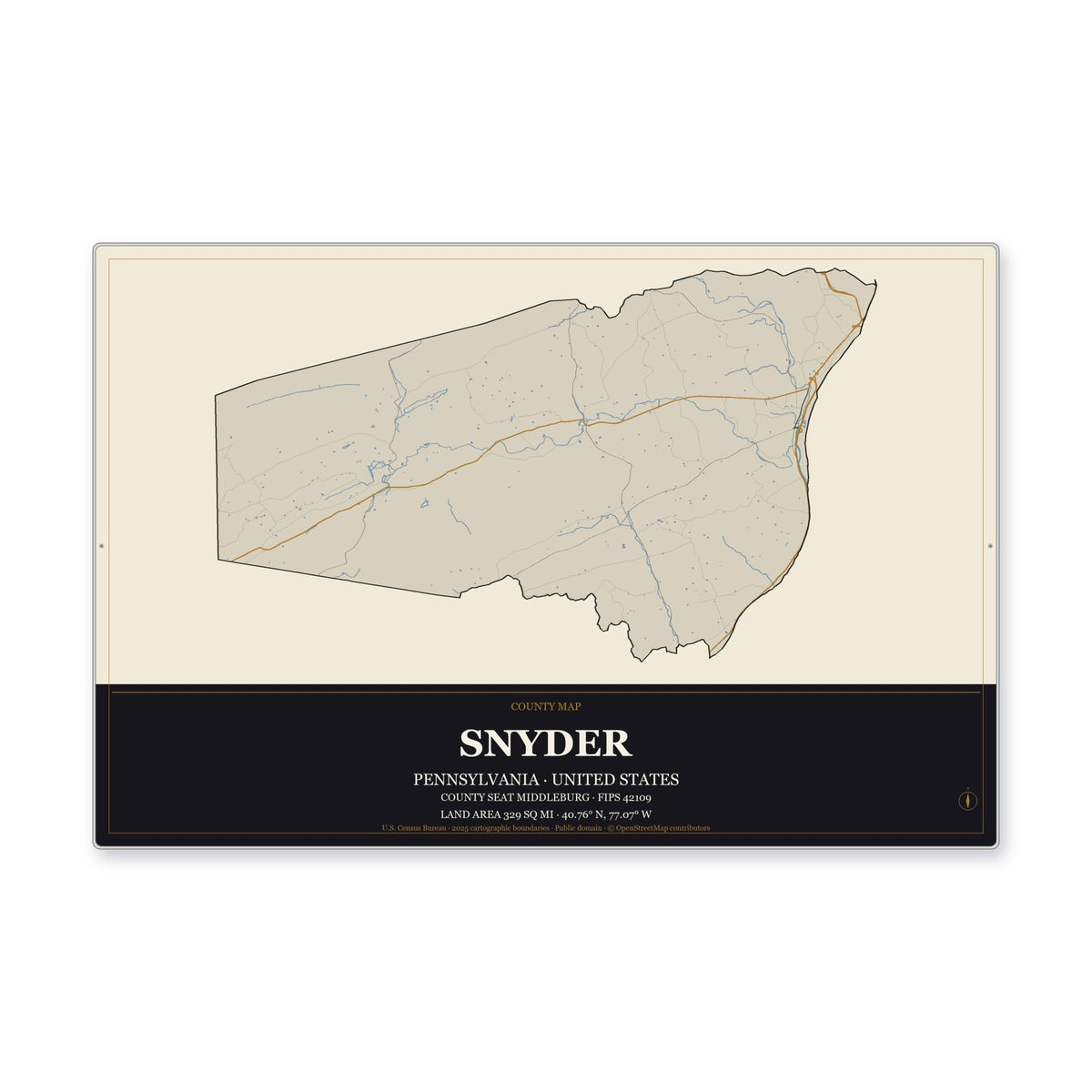 Snyder County, Pennsylvania Map Aluminum Sign in Museum Plaque style
