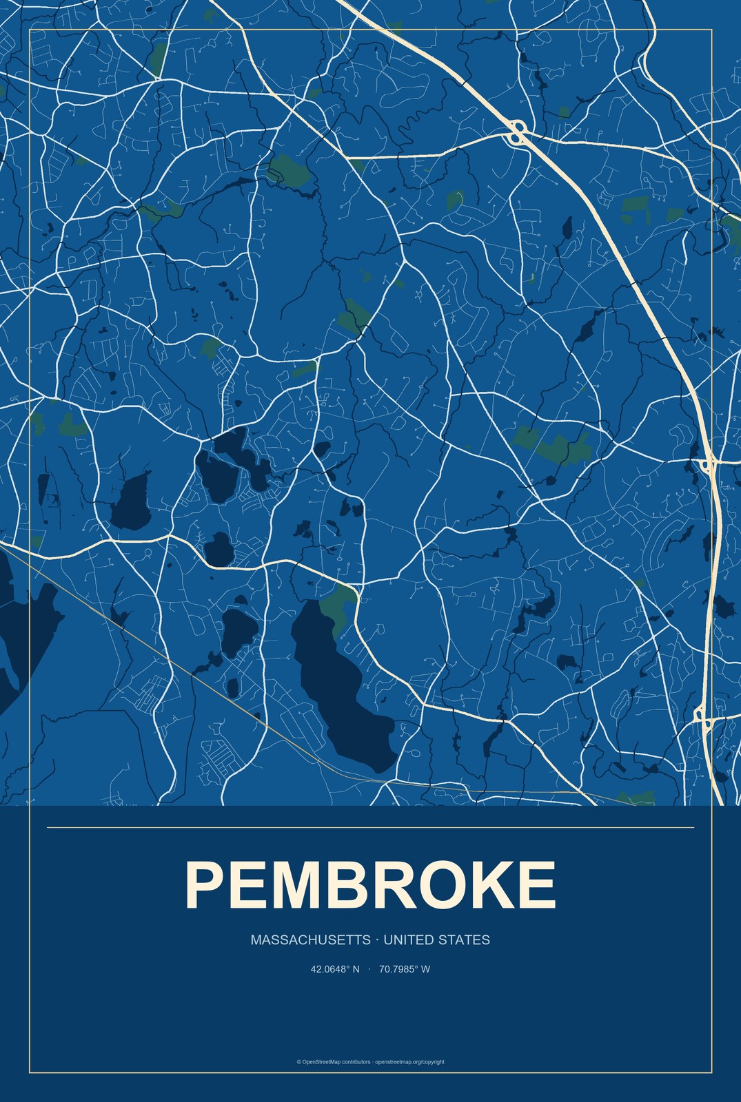 Pembroke, Massachusetts City Map Aluminum Sign in Harbor Cobalt style