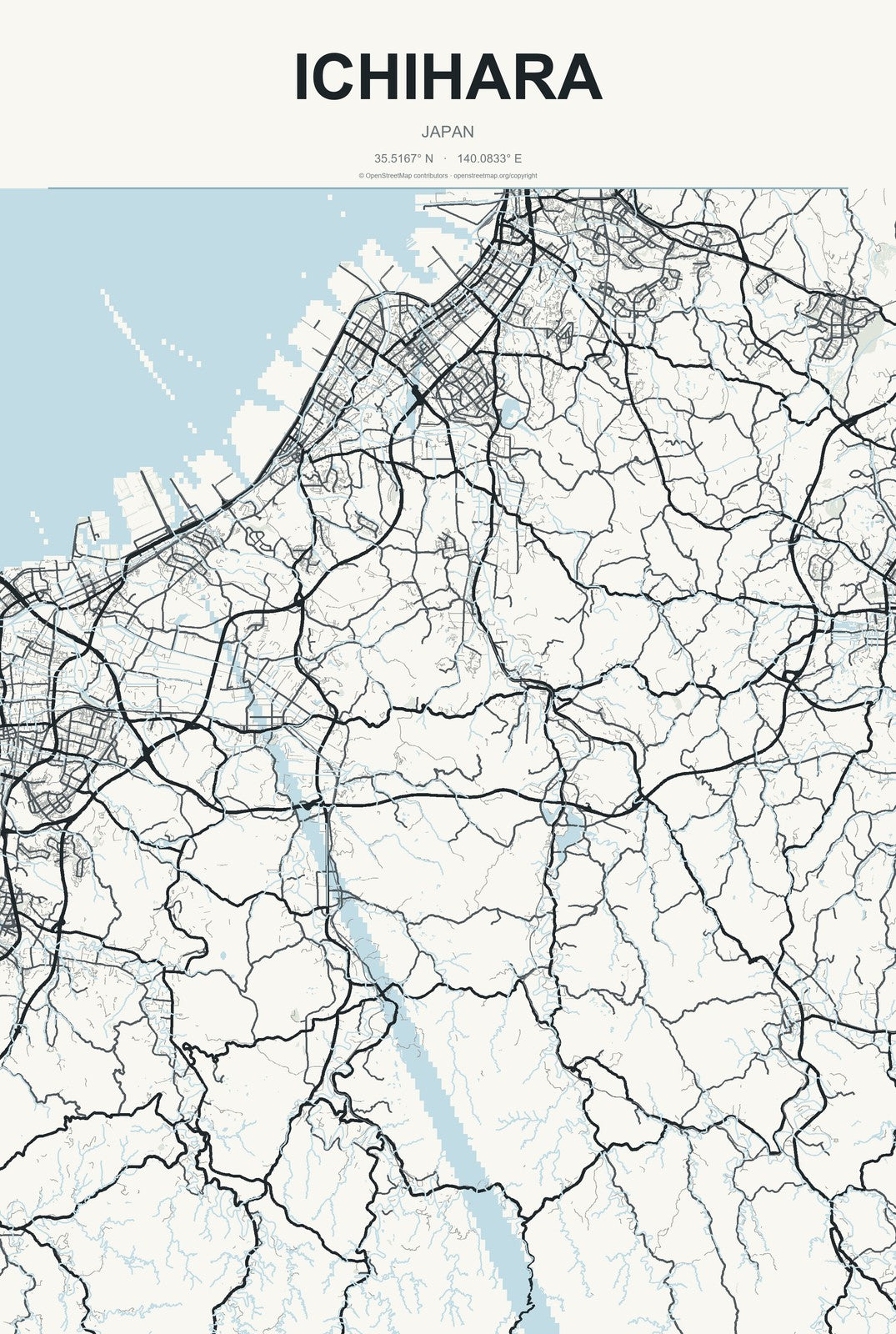 Ichihara, Japan City Map Aluminum Sign in Headline Atlas style