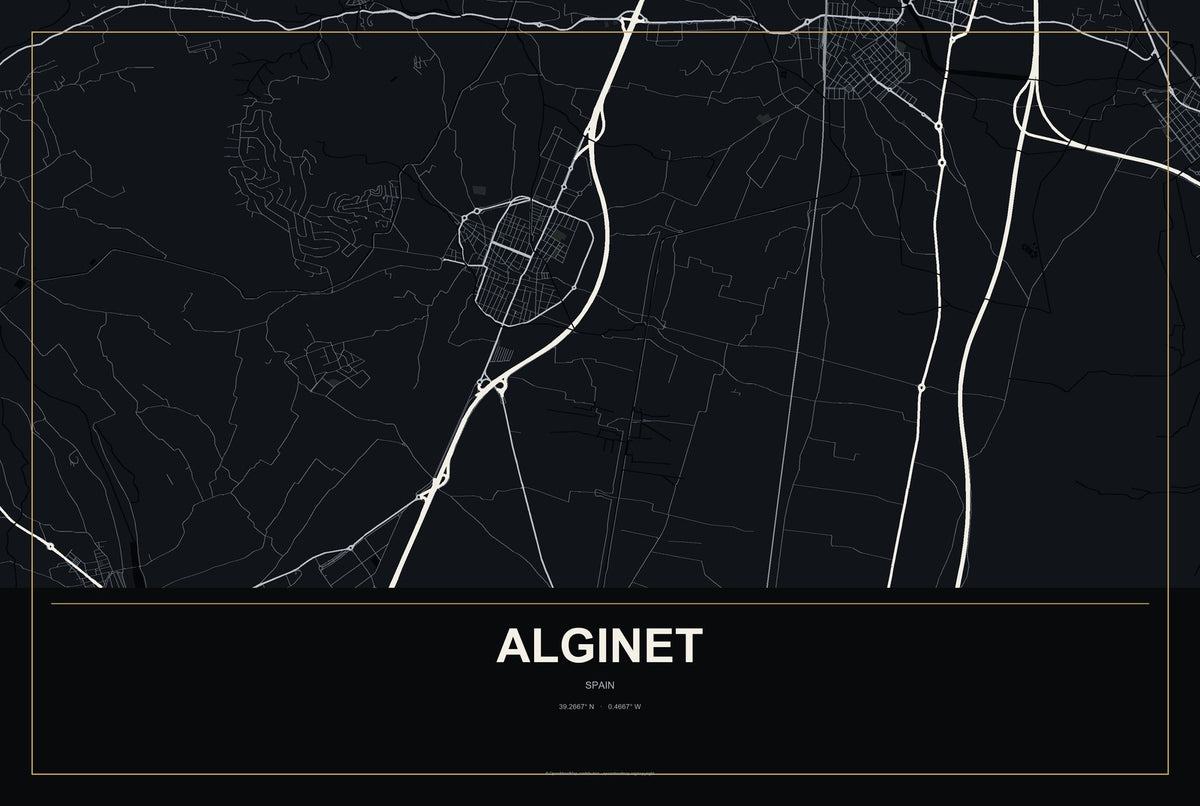 Alginet, Spain City Map Aluminum Sign in Metropolitan Noir style