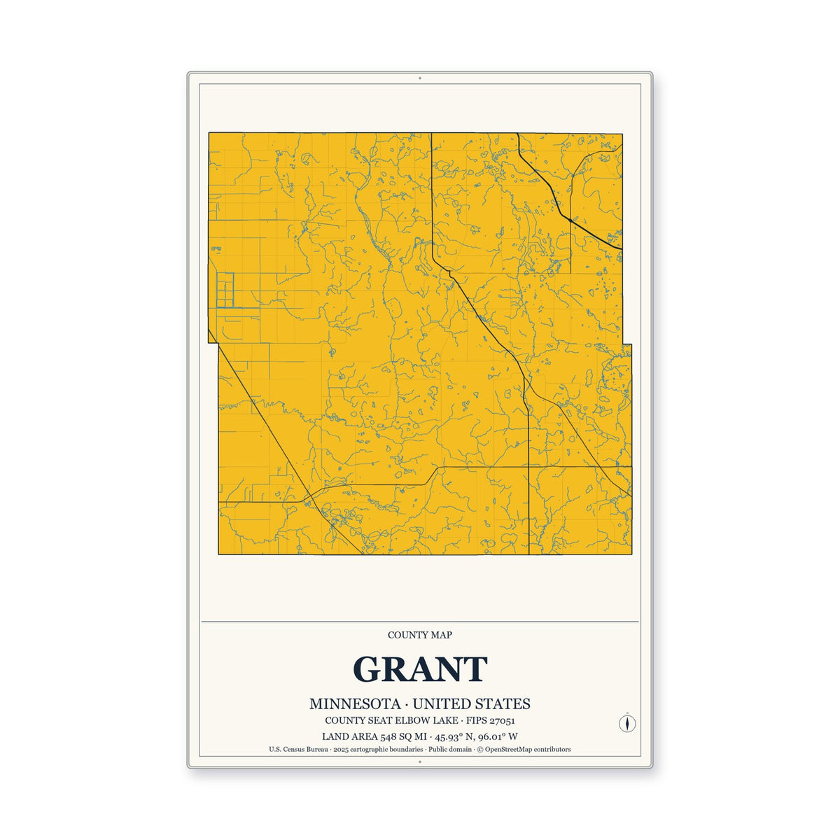 Grant County, Minnesota Map Aluminum Sign in Citrine Modern style