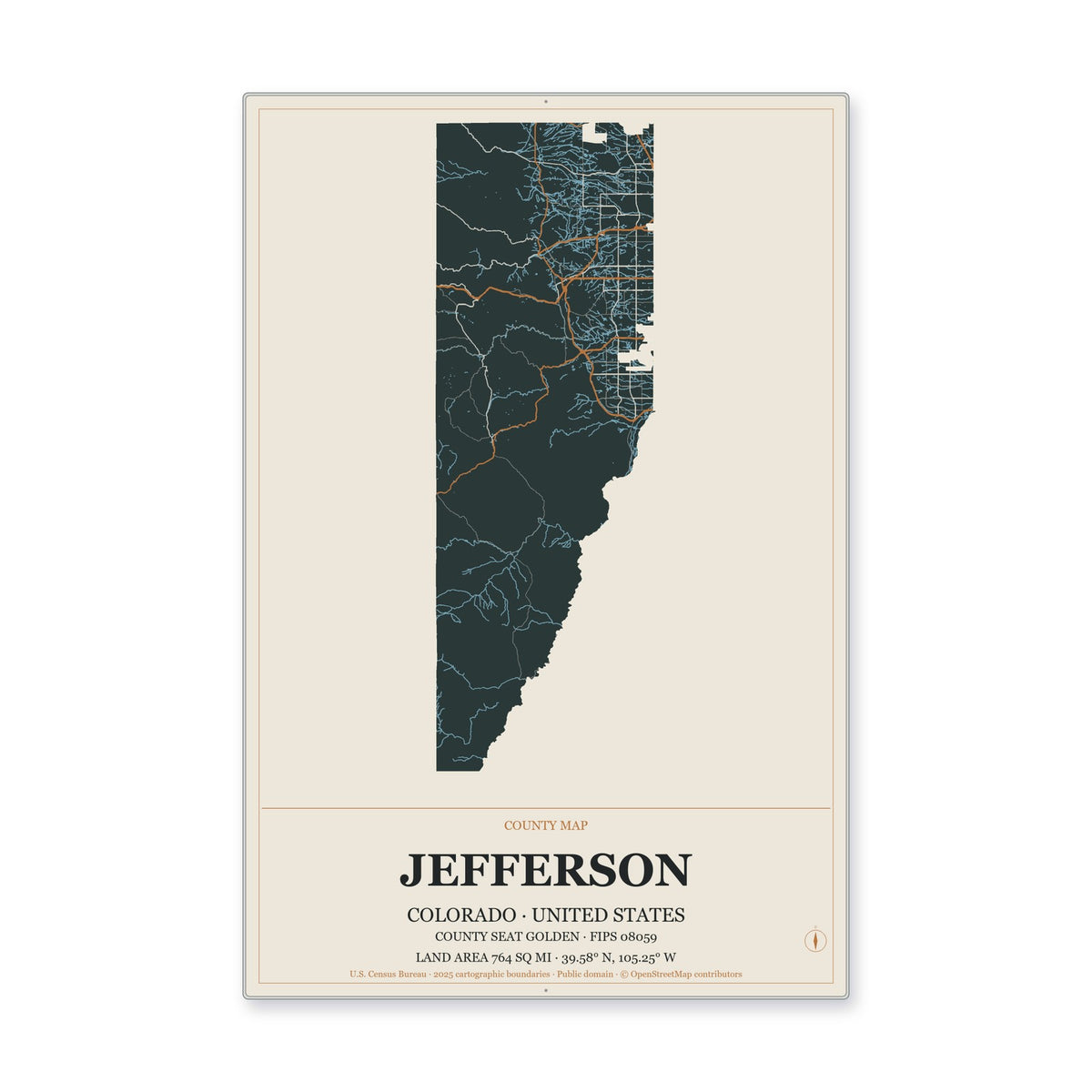 Jefferson County, Colorado Map Aluminum Sign in Headline Atlas style