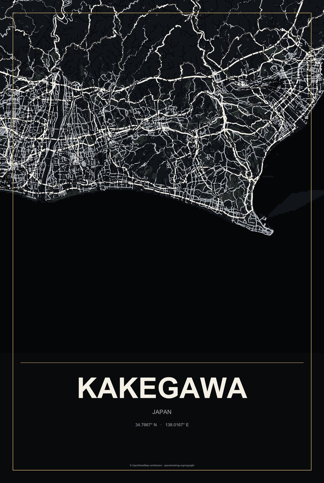 Kakegawa, Japan City Map Aluminum Sign in Metropolitan Noir style