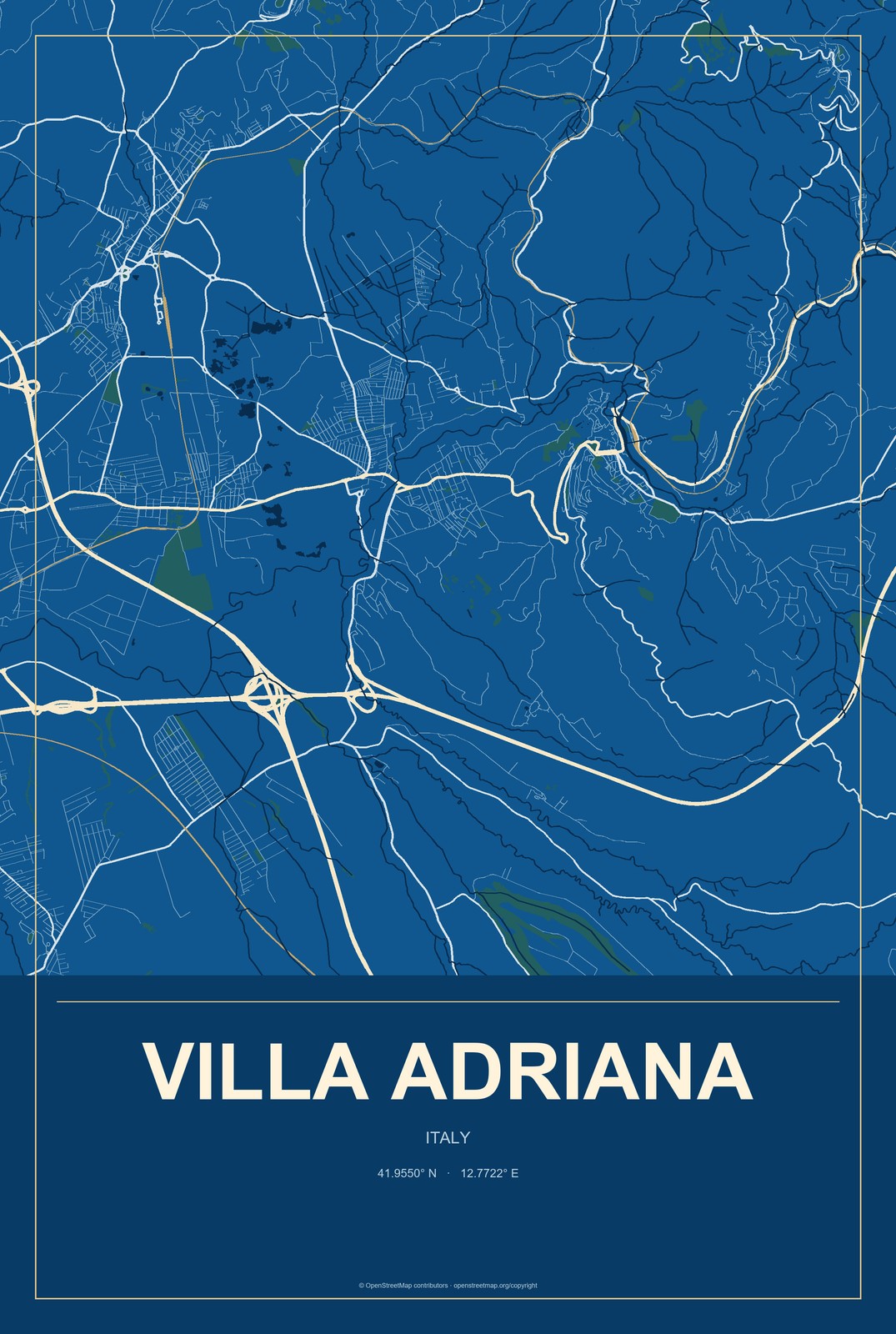 Villa Adriana, Italy City Map Aluminum Sign in Harbor Cobalt style