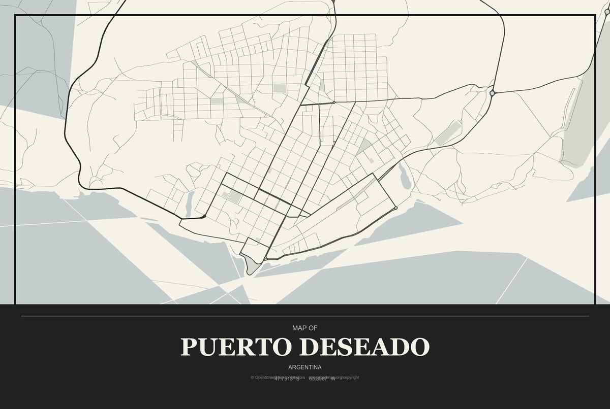 Puerto Deseado, Argentina City Map Aluminum Sign in Museum Plaque style