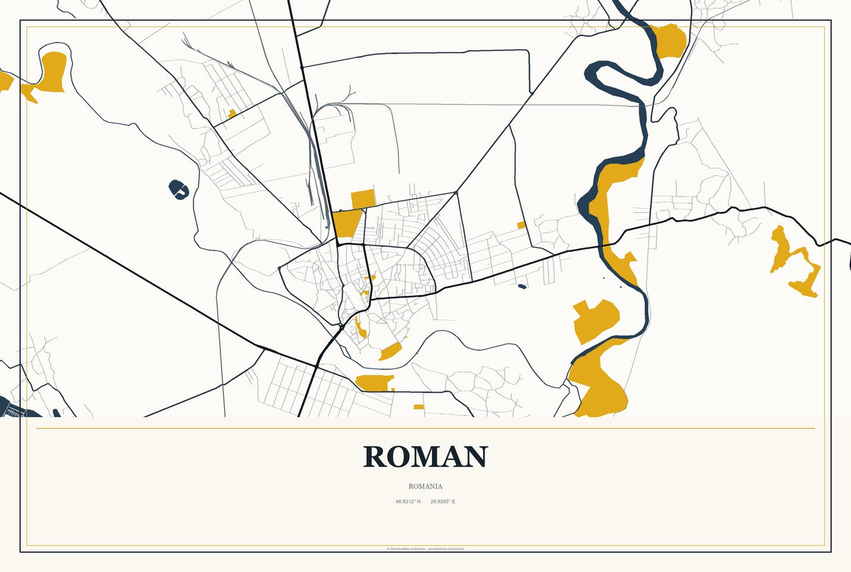 Roman, Romania City Map Aluminum Sign in Citrine Modern style