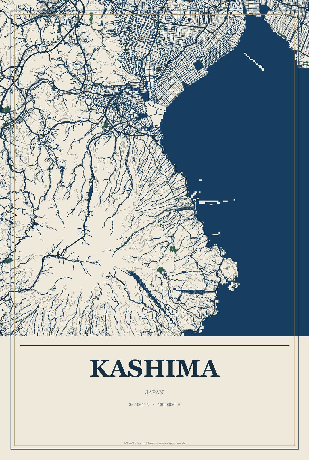 Kashima, Japan City Map Aluminum Sign in Coastal Cutout style